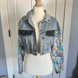 Sparkling Sequin Sleeve Denim Jacket